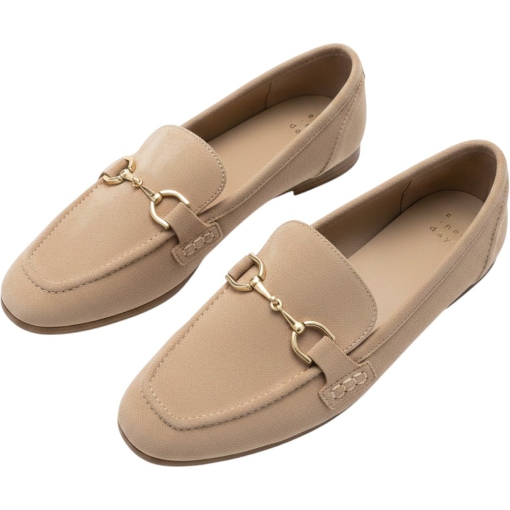 A New Day Tan Faux Suede Horsebit Loafers Gold Hardware Flats Size 7.5